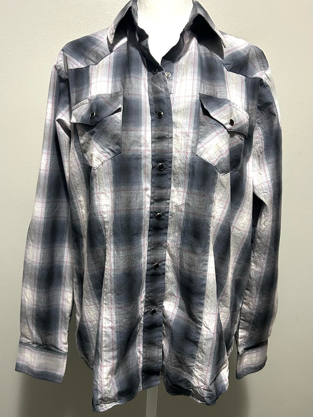 Women's Pearl Snap Shirt Gray Plaid Button-Down Western Cowgirl L